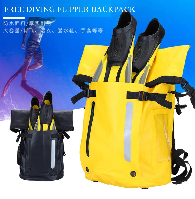 Promotional 30L PVC Tarpaulin Surfing Swimming Free Diving Frog Shoes Folding Fin Dry Bag Flipper Waterproof Backpack